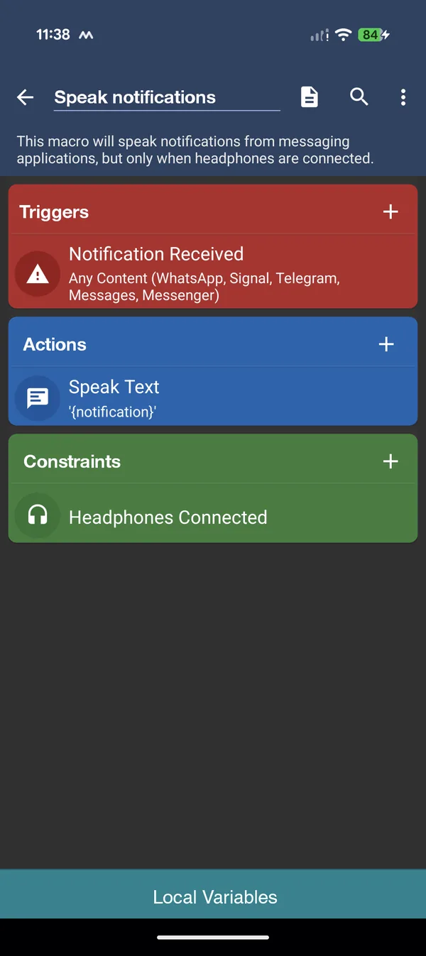 MacroDroid app home screen showing automation macros on an Android phone